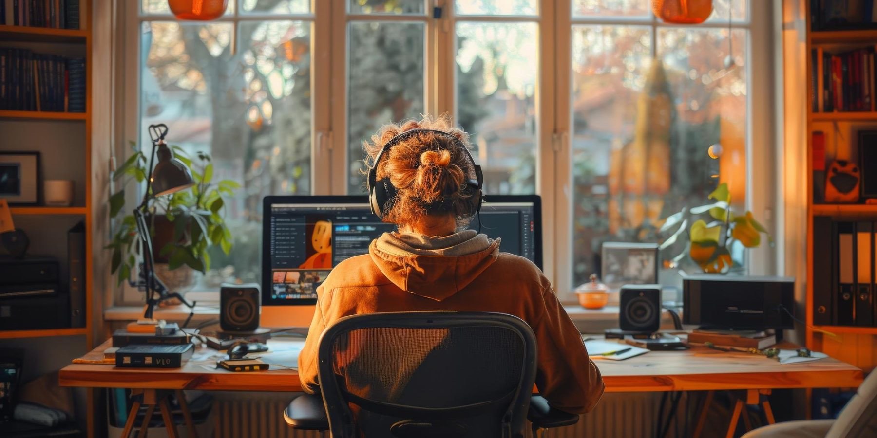 A designer working on artwork at a desk by a window